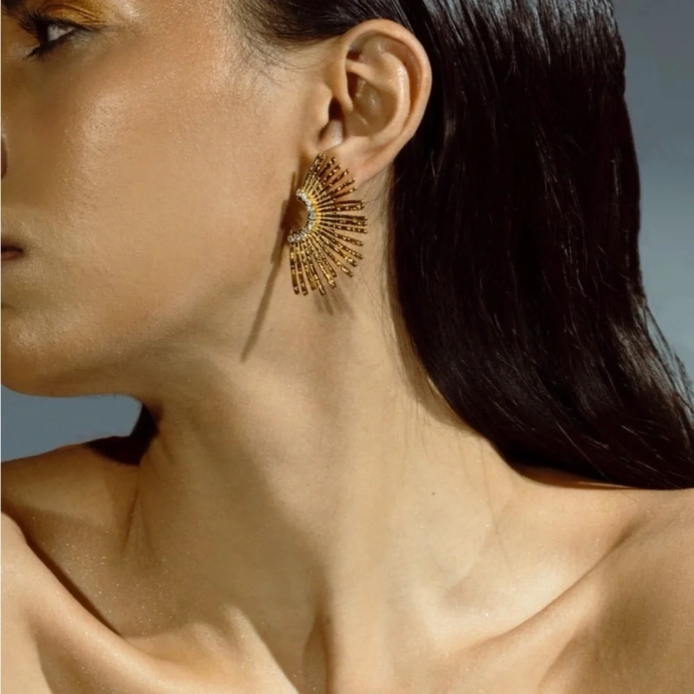 Gold Sunburst Earrings with Crystals